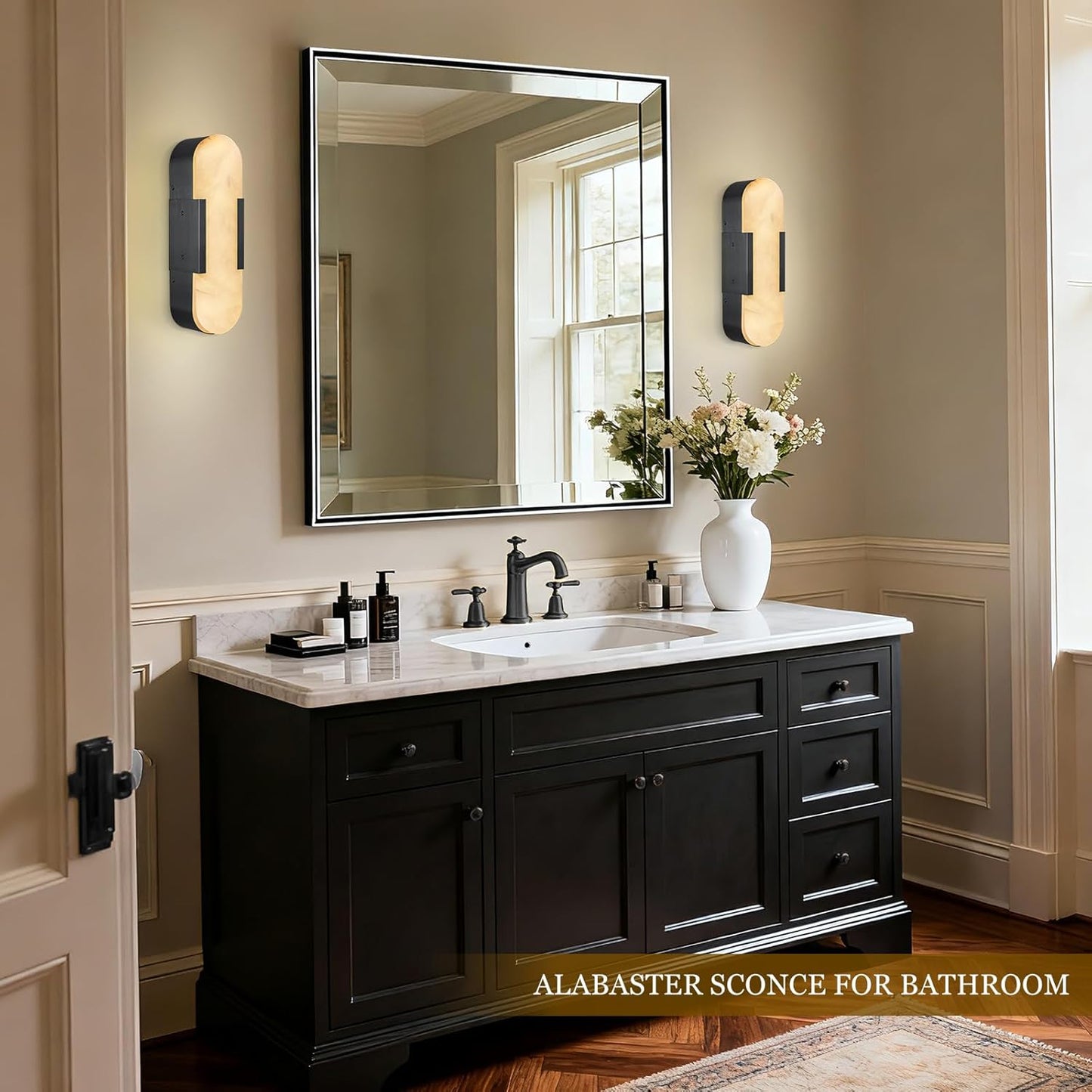 Alabaster Wall Sconces Set of 2, 13.8" Black Natural Marble Wall Sconce, Hardwired Bathroom Vanity Lights, Modern Indoor Wall Lighting for Bedroom, Living Room, Hallway, Stairs, 3000K Warm Light