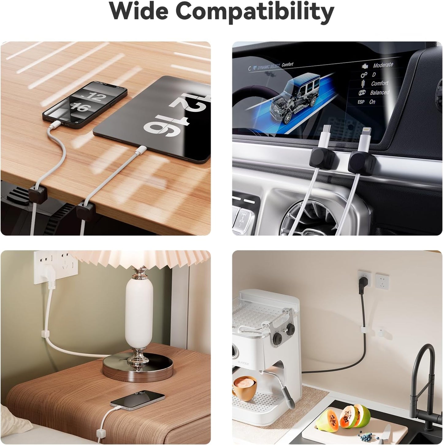 Daisyhome Rotatable Cord Organizer, Strong Adhesive Spring Cable Clips | Enhanced Cable Organizer Cord Clips, Desk Cord Holder for Nightstand, Office Accessories and Car (8*White)