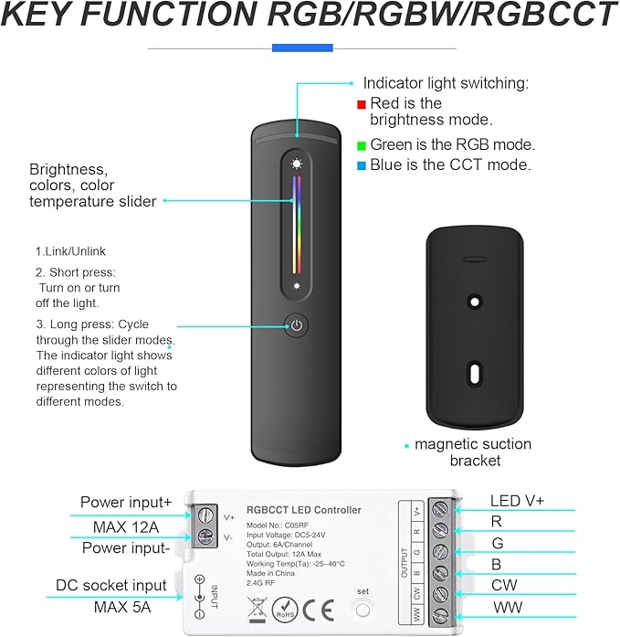 2.4GHz RF RGBCCT LED Strip Controller Remote Kit, Wireless Remote & Tuya - Image 8