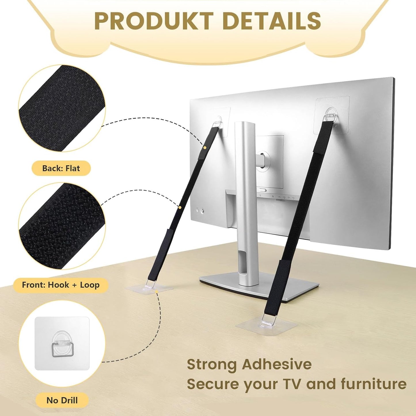 4 Pack Cut to Length TV Safety Straps for Flat Screen, No-Drill TV Anchors for Baby Proofing, Anti-Tip Adjustable Earthquake Straps for Furniture, 16ft Hook and Loop Straps and 8 Adhesive pads