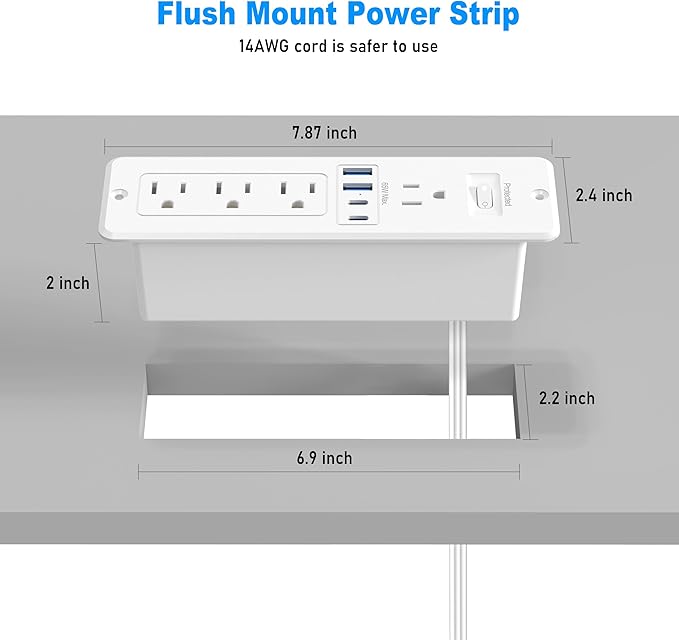 65W USB C Recessed Power Strip, Flush Mount Desktop Recessed Outlet - Image 7