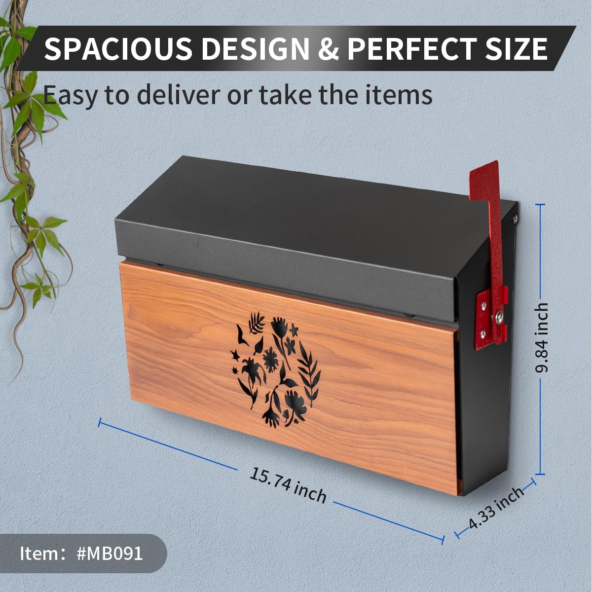 Ydocabinit Wall Mount Mailbox, Large Capacity Mailbox for House Outside with Flag Kit Galvanized Steel Rust-Proof Metal Post Drop Box, 15.74"×9.84"×4.33" Flower Hollowed Wooden Patterned Metal Sheet