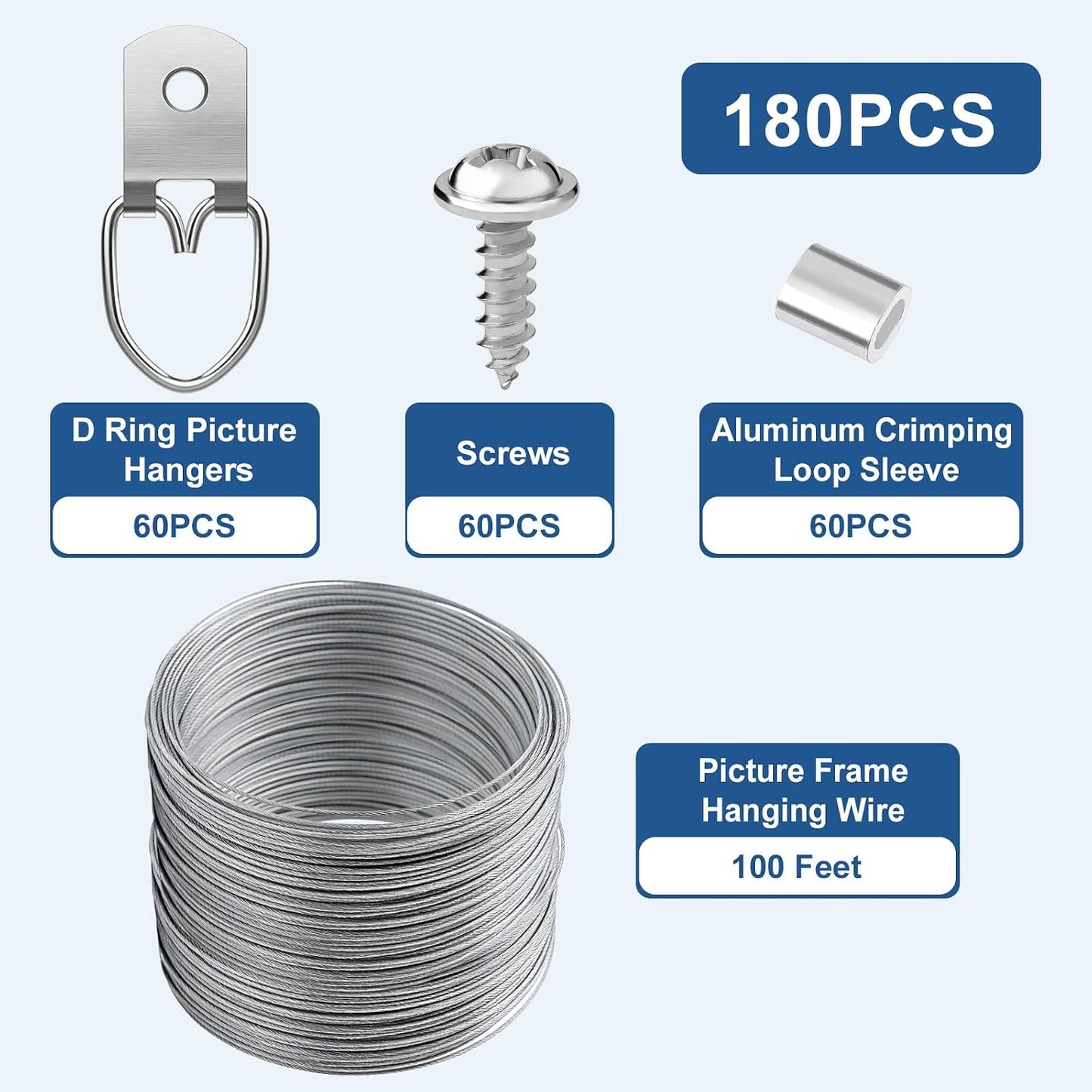 181 Pcs Picture Hanging Kit Wire D Ring Hangers Metal Frame | Braided Wire 100FT, Aluminum Crimping Sleeves, for Frames Mirrors Canvas Artwork Clocks, Rust-Resistant Metal, Home Studio