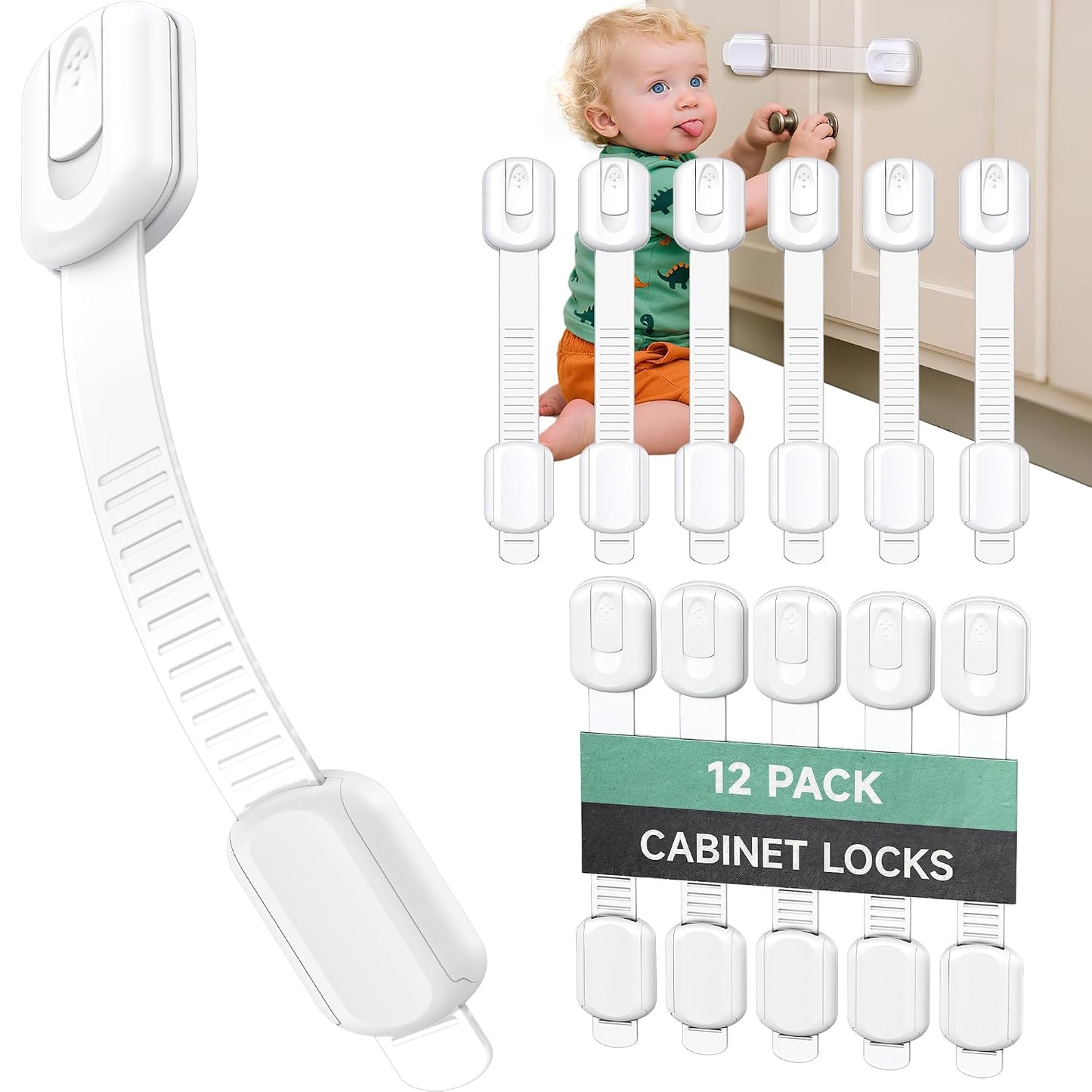 Infinno Cabinet Locks for Baby Proofing, Child Safety Latches, 12 Pack | No drill 3M adhesive, heavy duty hold, fits drawers, cupboards and fridge, installs in minutes, keeps toddlers and pets out