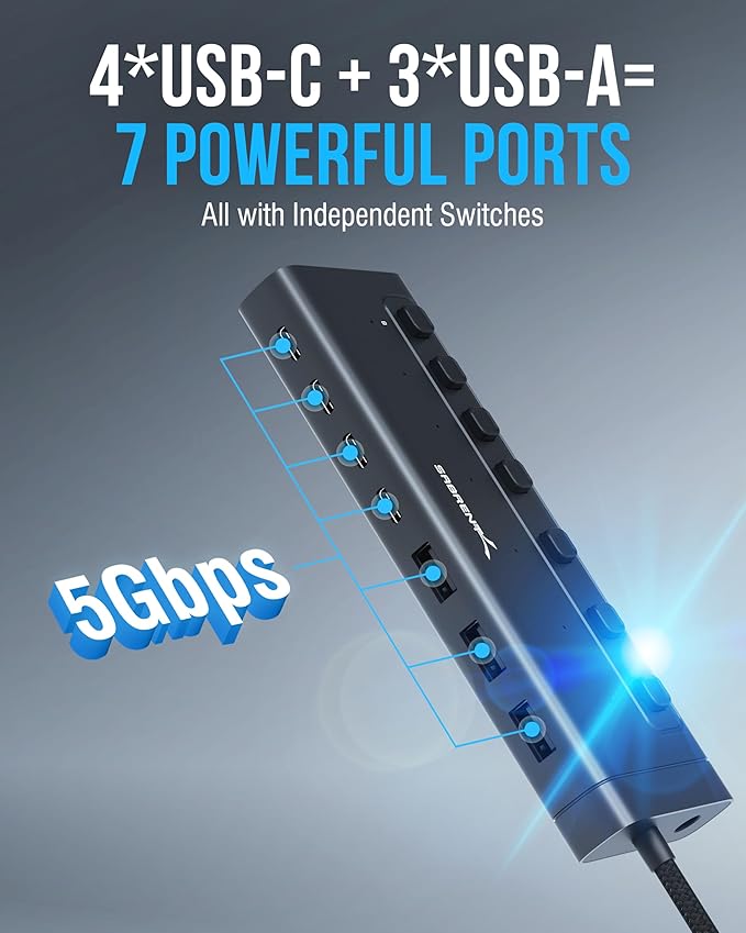 SABRENT 7-Port USB-C Hub with Power Switches, 5Gbps USB 3.2, 48W Powered Hub - Image 4
