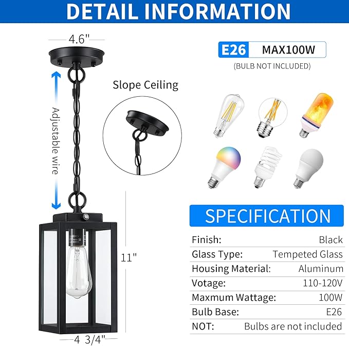 11'' Dusk to Dawn Outdoor Pendant Light, Modern Outside Chandelier Outdoor - Image 5