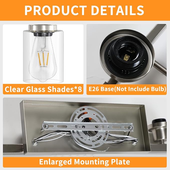 DIKAIDA 52inch Brushed Nickel Vanity Light Fixtures, 8 Light Brushed Nickel - Image 4