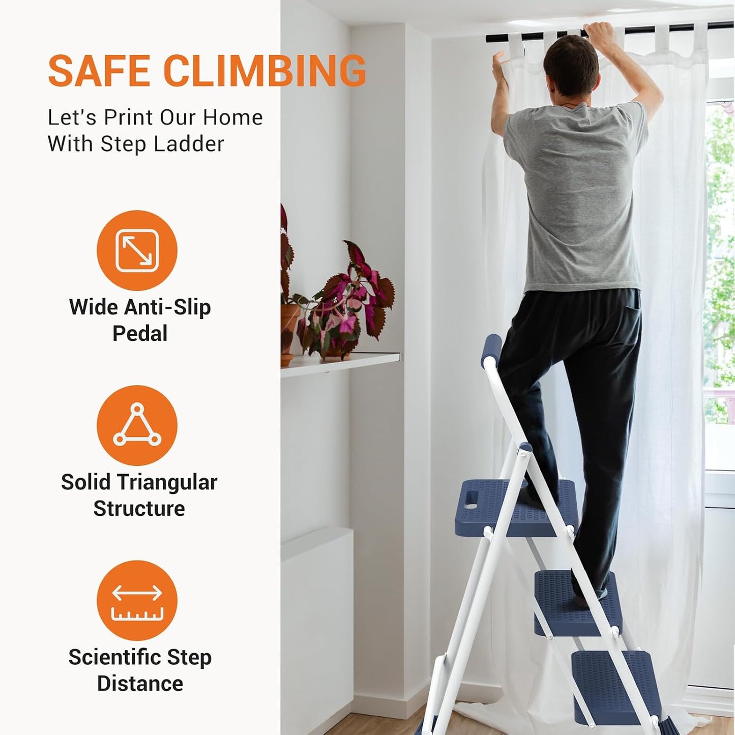 Sweetcrispy 3 Step Ladder, Folding Step Stool, 800lbs | Lightweight Sturdy Stepping Stool with Anti-Slip Feet, Easy Storage & Portable Design, for Home Kitchen Office Use, Blue