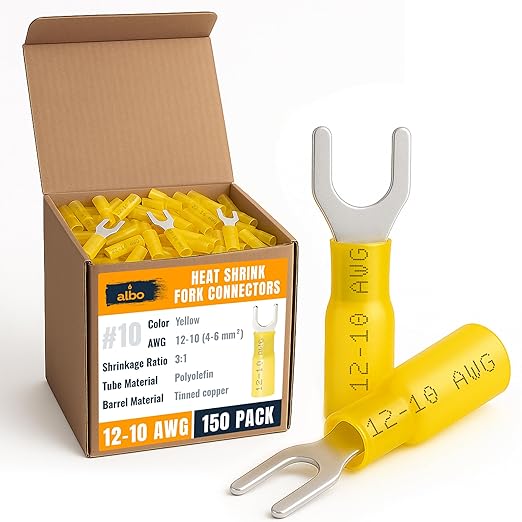 150PCS Yellow Heat Shrink Fork Spade Connectors #10 – 12-10 AWG Tinned Copper by BinamInc