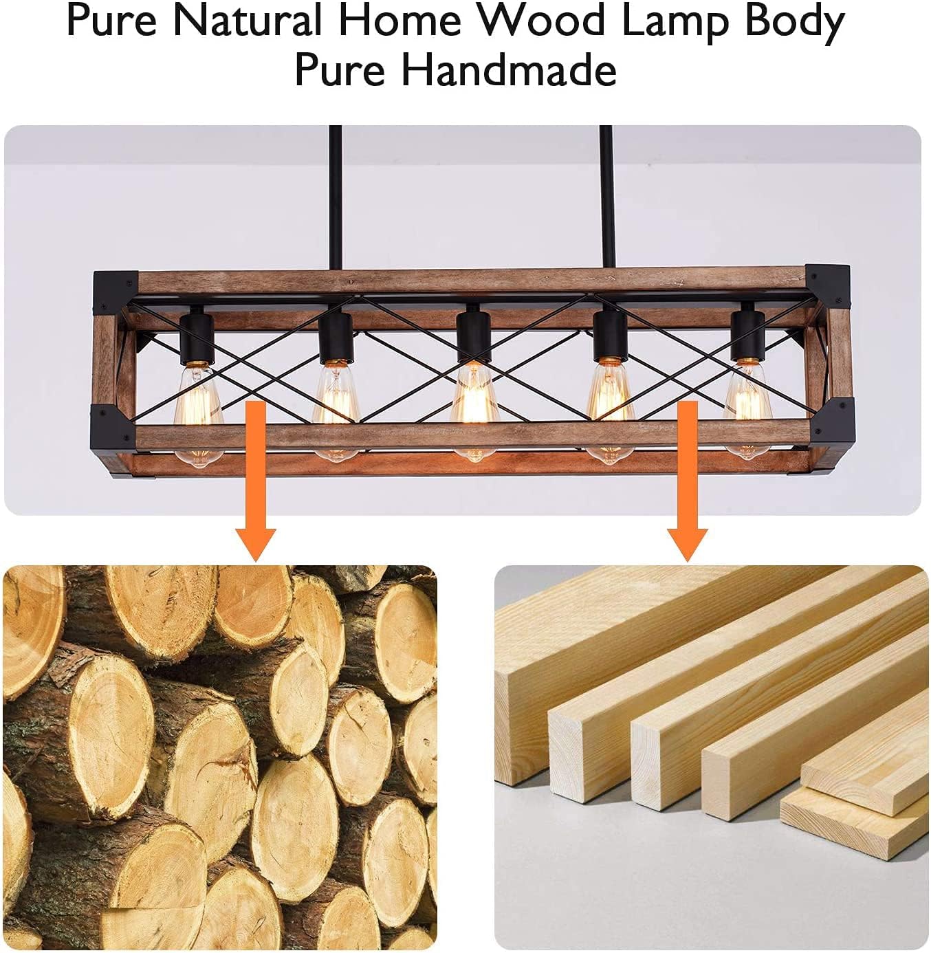Kitchen Island Lighting, 33.5-Inch 5 Lights Farmhouse Linear Chandelier for Dining Room Pool Table Pendant Light Fixture, Rustic Wood Grain Finish, Industrial Pendant Light