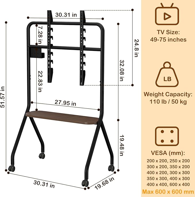 CVDF Rolling TV Stand for 49-75 Inch LCD LED OLED Flat/Curved Panel Screen TVs - Image 2