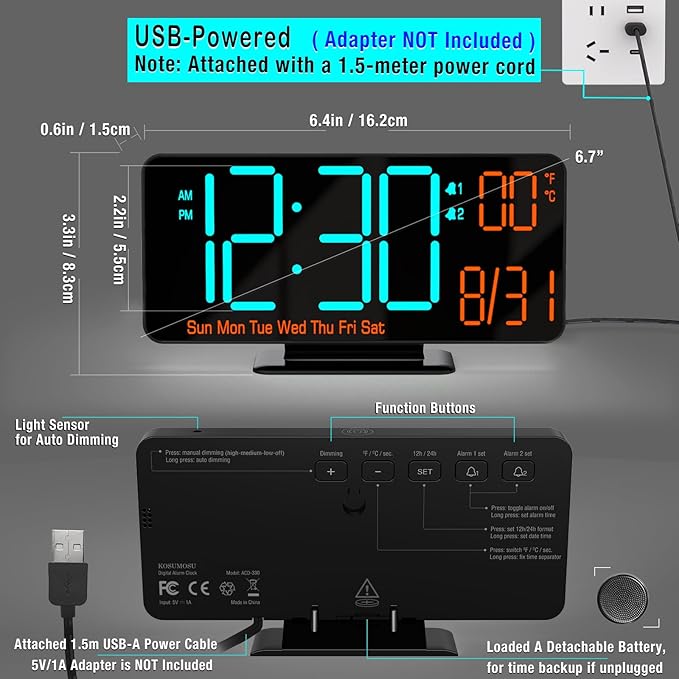 KOSUMOSU Alarm Clocks for Bedrooms, 6.7" Black Small Digital Clock LED - Image 5