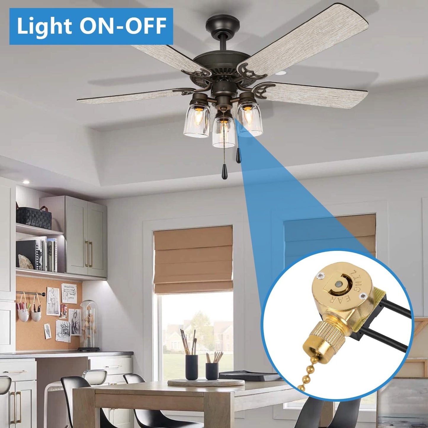 Ceiling Fan Switch Zing Ear ZE-109M Pull Chain Switch On/Off Light Switch compatible with Hunter Ceiling Fan Light Lamp Replacement