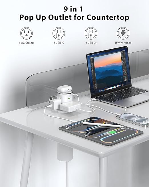 Motorized Pop Up Outlet, 2 PD 45W USB C Charging Station, 3.15 in Hole Desktop - Image 5
