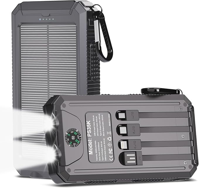 Power Bank Solar Charger 20, Portable Phone Charger, 4 Cables Outdoor by Kepswin