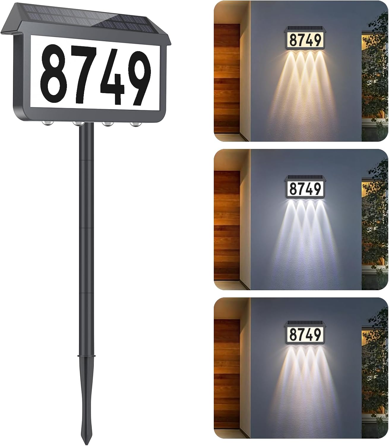 Solar Address Signs, House Number for Outside Waterproof, 3-Color LED Illuminated Address Plaques with Stake, Wall Mounted Solar Powered Light Up Address Numbers for Houses, 1-Pack, Grey