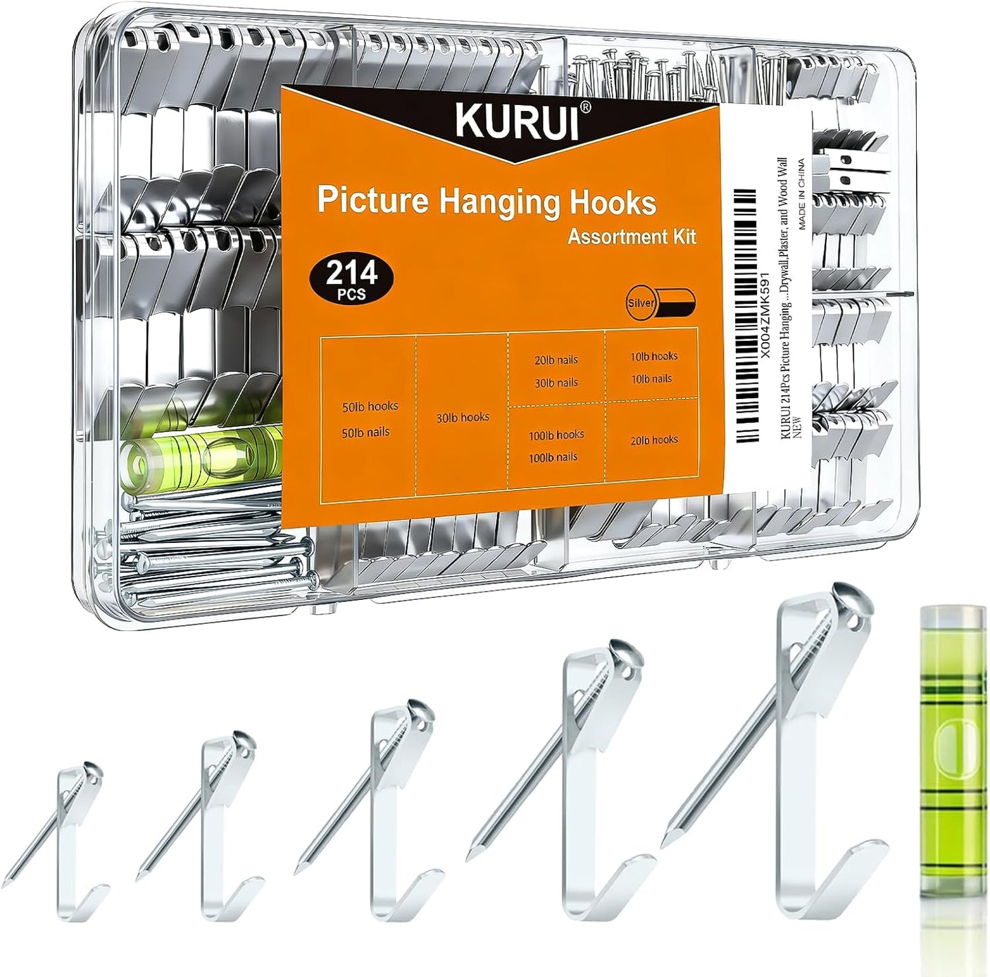 214Pcs Picture Hanging Hooks, Renter Friendly Picture Hanging Kit with Heavy Duty Picture Hangers and Hardware Nails, for Frame, Painting, Art and Photo, on Drywall,Plaster, and Wood Wall