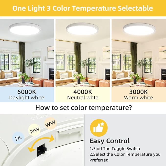 RLEDPZTX Led Flush Mount Ceiling Light, 16 Inch 32w 3480lm, 3000k/4000k/6000k - Image 3