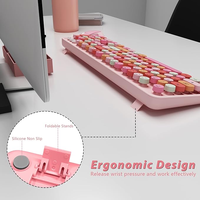 KOOTOP Cute Pink Wireless Keyboard and Mouse, 2.4G Retro Round Keycap - Image 4