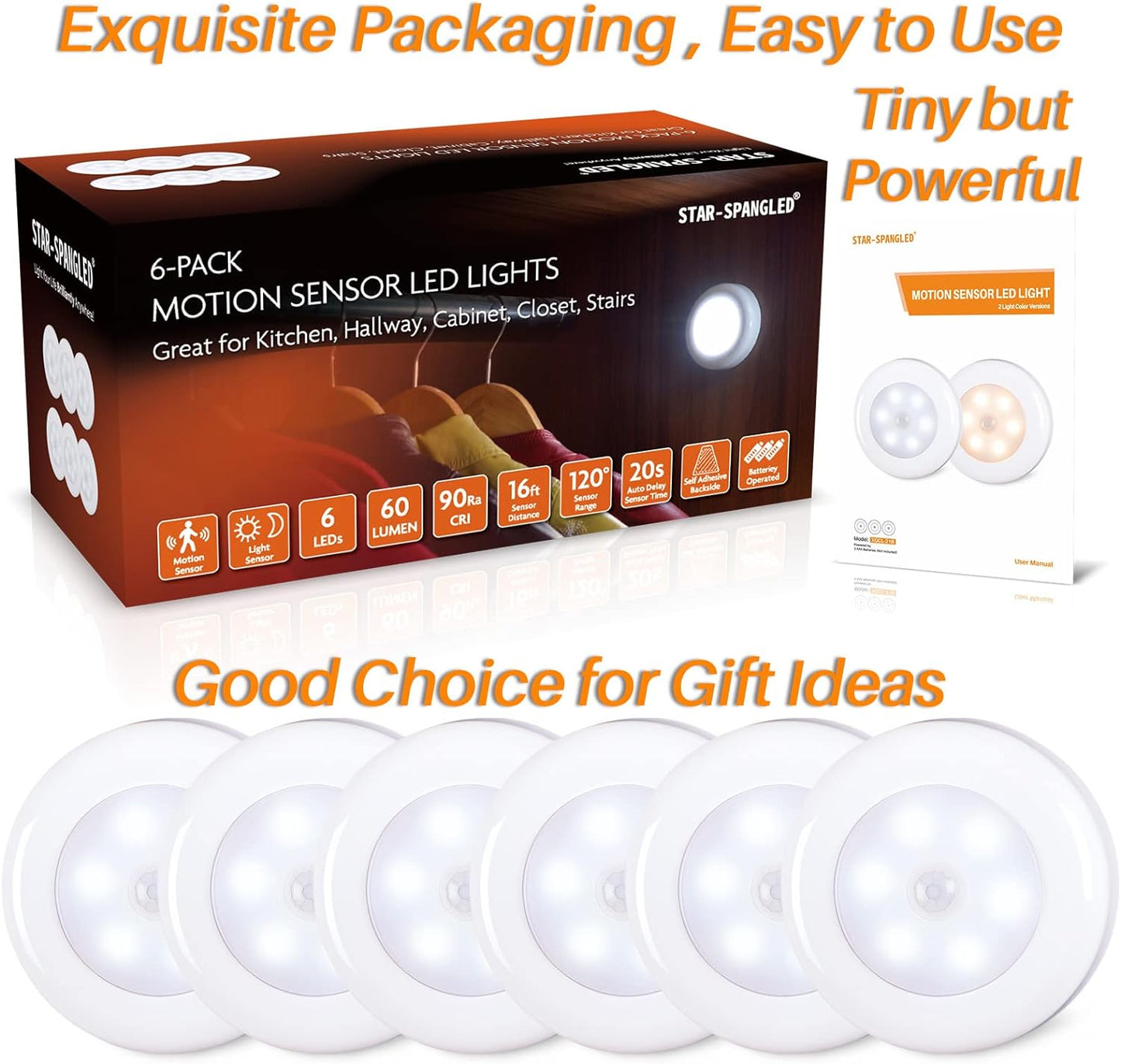 STAR-SPANGLED 6 Pack 2.8” Motion Sensor Lights Indoor AAA Battery Operated, Stick on LED Puck Light for Stairs, Under Cabinet, Closet, Cool White