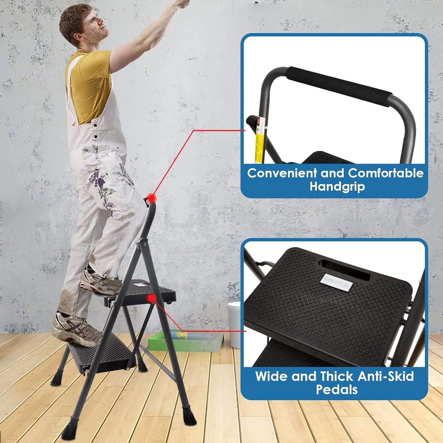 GOLYTON 2 Step Ladder,Step Stools for Adults, 500lbs Capacity | Step Stool Foldable, Steel Ladder for Household and Office, Grey