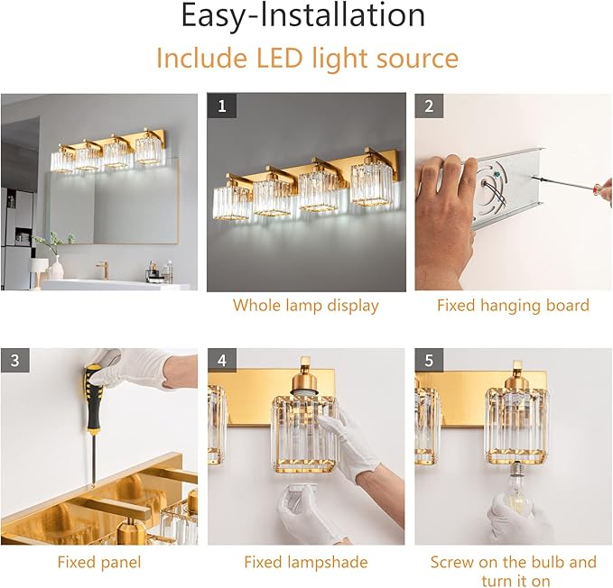 FDPBY Modern Vanity Light 4-Lights Modern Gold Brushed Brass Finish Crystal - Image 6