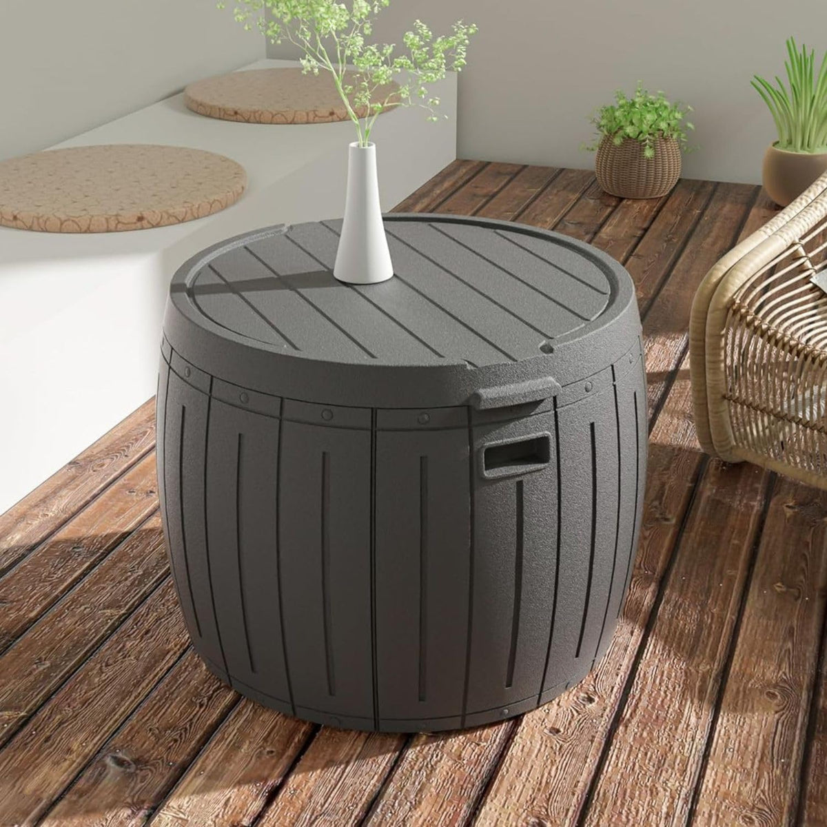 zzm 33 gallon round deck box, patio side, package contents