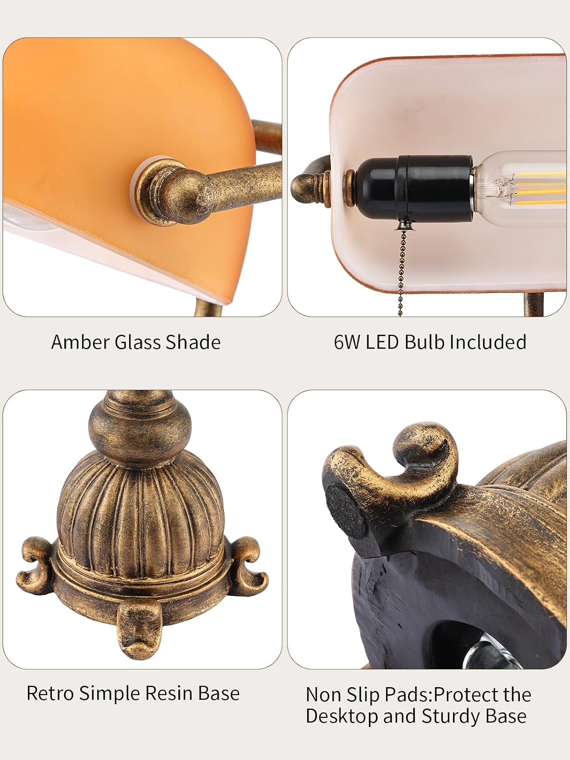 Retro Amber Glass Bankers Desk Lamp,LED Bulb Included | Pull Chain Switch for Home Office Library Plug in Fixture