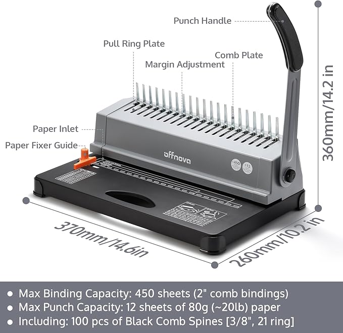 OFFNOVA Binding Machine, 21-Hole 450 Sheets Paper Comb Punch Binder Machine - Image 2