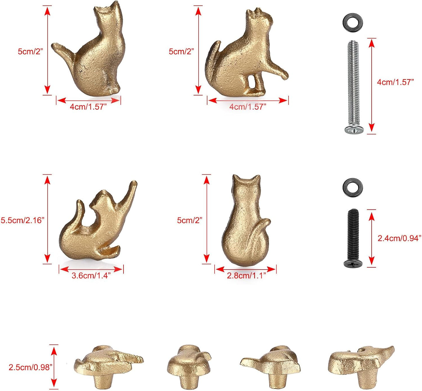 JUXYES Cast Iron Vintage Cat Drawer Handle Pull Knob for Dresser Cabinet | 4 Pack Gold Unique Decorative Dresser Drawer Handle Knobs, Antique Animal Drawer Pulls Knobs for Dresser Cabinet Closet