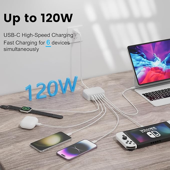 USB C Charger Block, 120W 6 Port USB Charging Station, Portable PD Fast Wall - Image 3