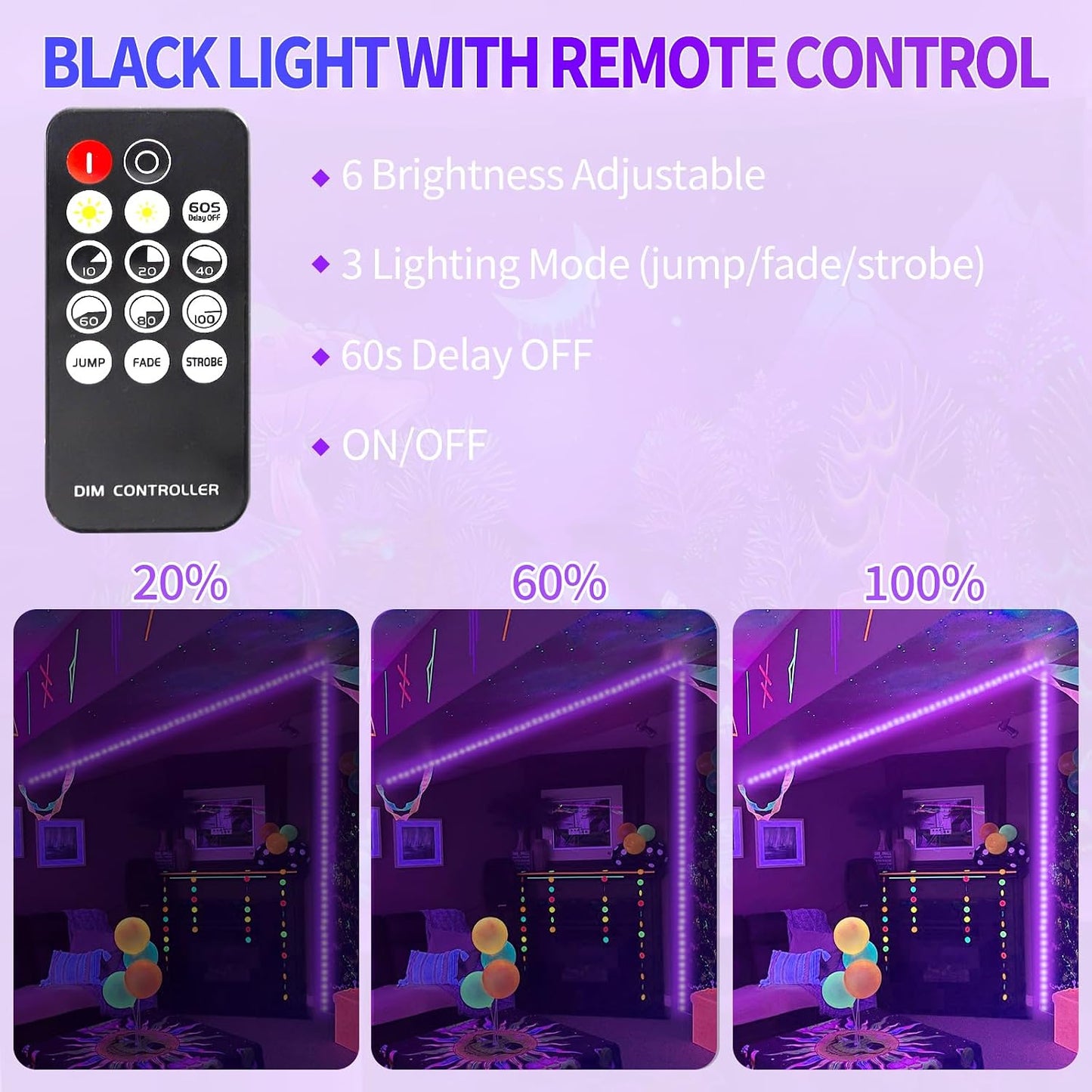 66 Foot Black Light Strip & Remote, 1200LEDs, Dimmable, 3 Lighting Modes | 12V Flexible Black Lights for Halloween, Glow Neon Party, Bedroom, Classroom, Fluorescent Decor Tapestry Poster, Indoor