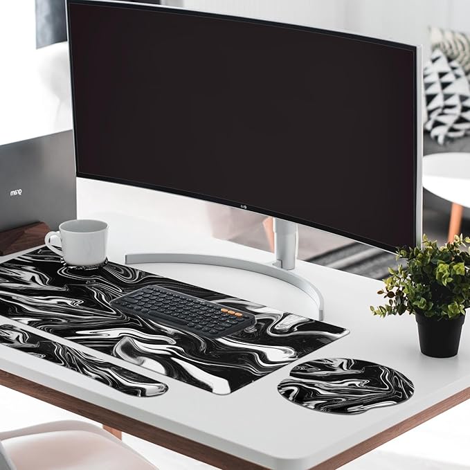 Britimes Black White Marble Keyboard Mouse Pad Set 4in1 Large Mousepad+Keyboard - Image 3