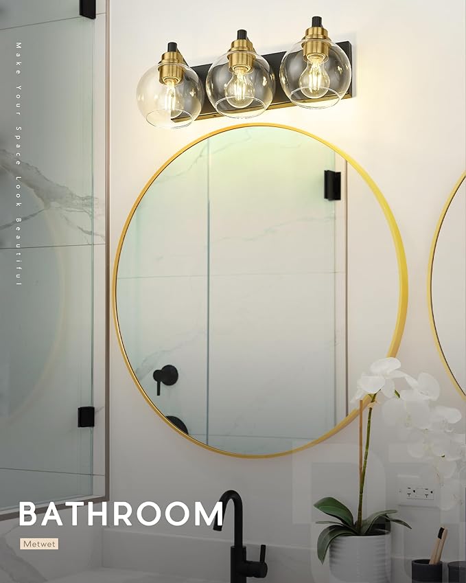 METWET Bathroom Light Fixtures, 3-Light Black and Gold Bathroom Vanity Light - Image 5