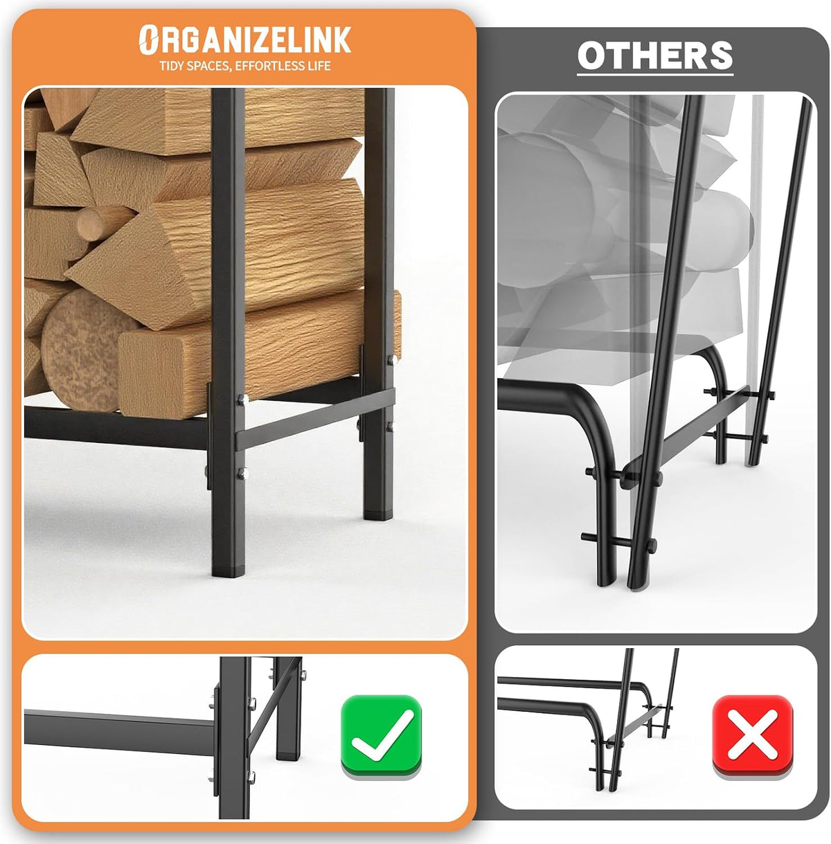 8ft firewood rack outdoor with cover, heavy duty showing dimensions