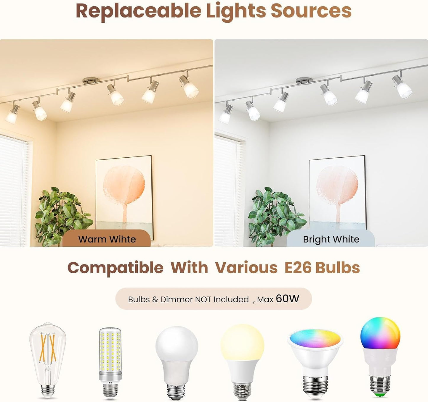 6-Light Decorative Track Lighting Kit, Brushed Steel Finish Flush Mount Ceiling Light Fixture with Frosted Glass Shades, Foldable Z-Bar, E26 Adjustable Heads Provide Directional Light