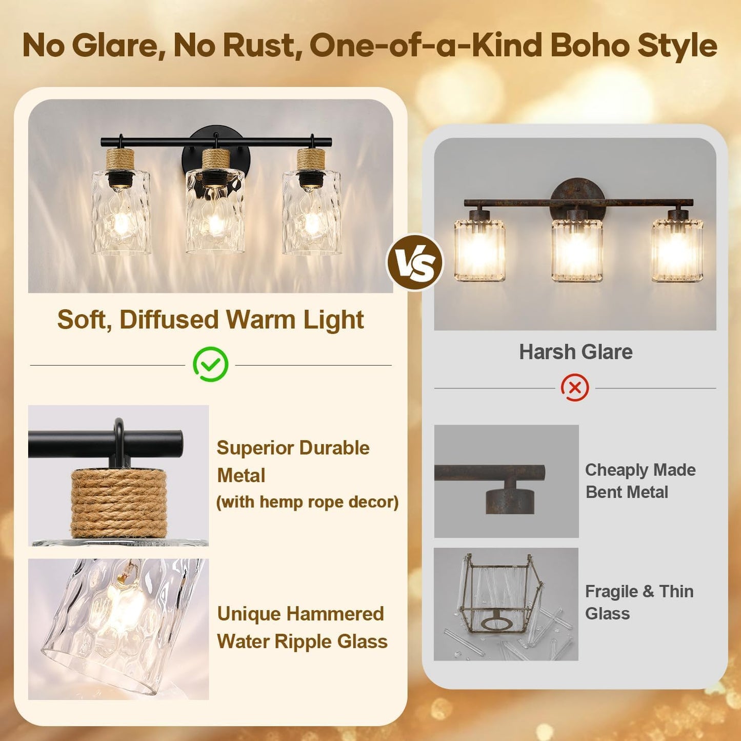 MOKATNG Bathroom Light Fixtures, 3-Light Coastal Vanity Lights with Crystal Glass Shade, Black Bathroom Wall Lamp for Mirror Kitchen Hallway Cabinet