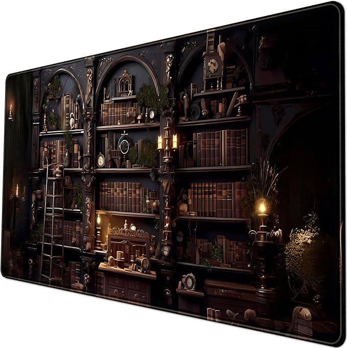 Black Vintage Gothic Desk Mat Black Dark Academia Desk Pad Medieval Bookshelf by LuckyCow