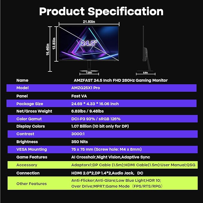Amzfast 24.5 Inch FHD 280Hz/240Hz Gaming Monitor, 1ms Adaptive Sync, 10 Bit - Image 9