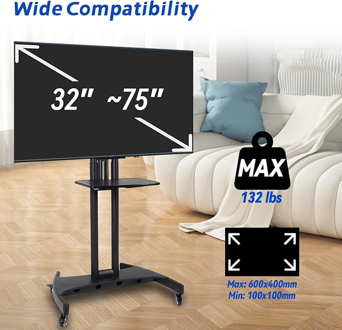 GCCSJ Rolling TV Stand with Adjustable Shelf，Portable TV Stand on Wheels - Image 6