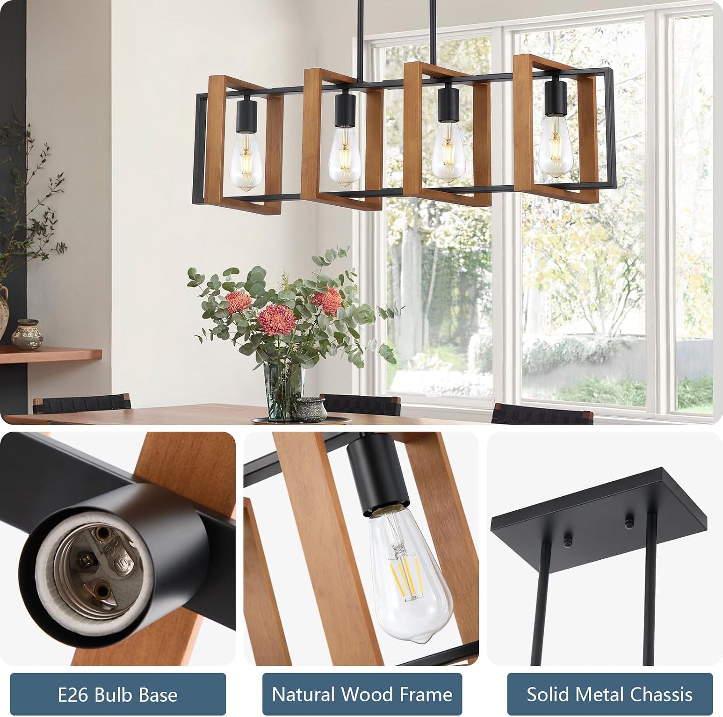35.4" Kitchen Island Lighting,4 - Light Dining Room Farmhouse Chandelier,Black Modern Pendant Lighting,Pool Table Lights,Wood and Matte Black Metal Finish