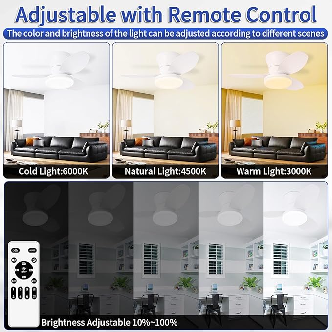 Glowall Small Ceiling Fan with Lights, 25 Inch Flush Mount with Remote Control - Image 4