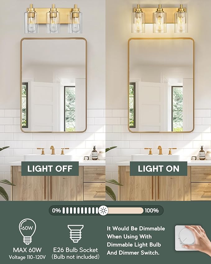 METWET 3-Light Bathroom Light Fixtures, Brushed Gold Vanity Light - Image 4