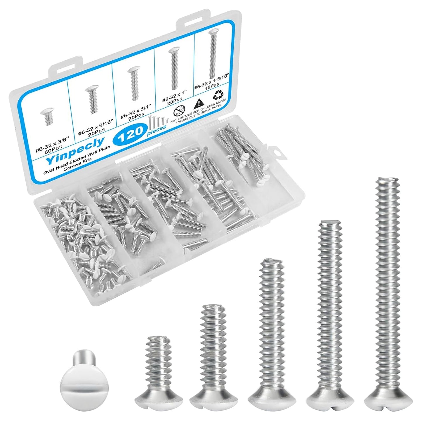 120PCS White Wall Plate Screws Kit, #6-32 Outlet Cover Screws | Electrical Cover Panel Switch Plate Screws 5 Length Sizes (3/8", 9/16", 3/4", 1", 1-3/16")