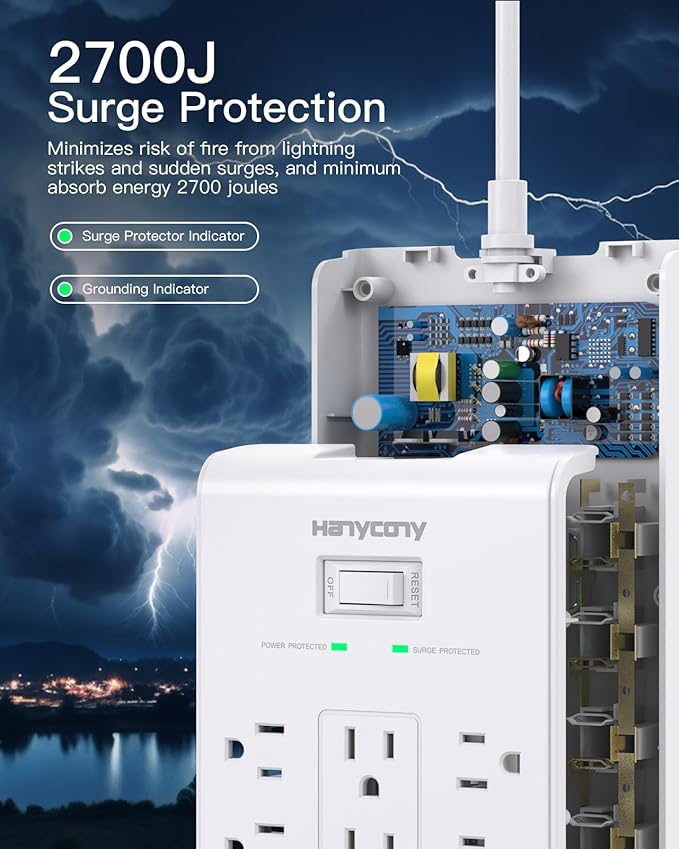 HANYCONY Surge Protector Power Strip 10 Ft, 16 Outlets 4 USB Ports, Flat Plug - Image 3