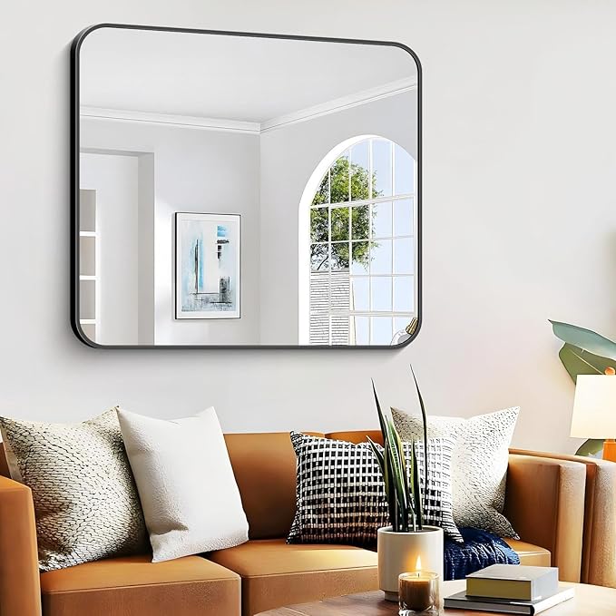 Bathroom Mirror, 48 x 40 inch Black Rectangle Wall Mirror, Metal Frame - Image 2