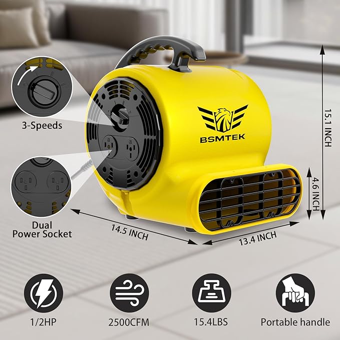 BSMTEK Air Mover Blower Fan, Industrial 1/2HP 2500CFM Monster Floor Blower - Image 2