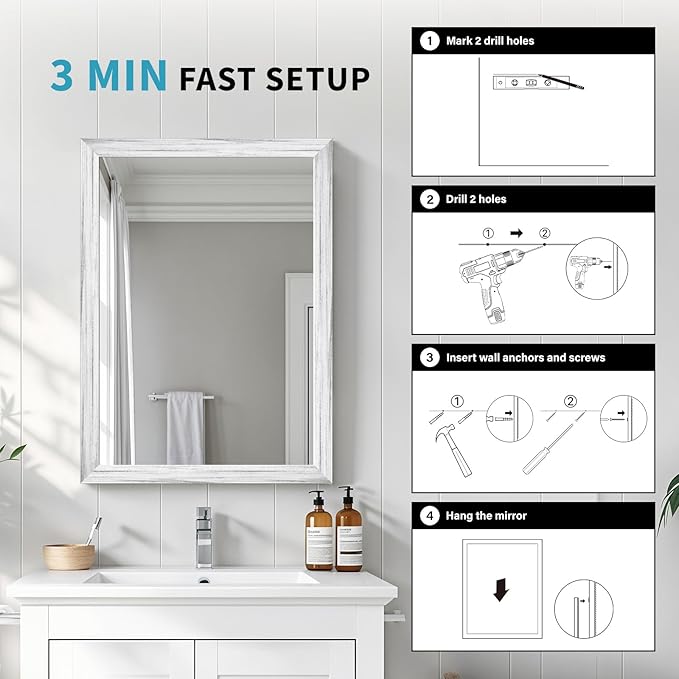 White Wood Effect Framed Wall Mirror, 20x30 Rectangle Mirror, 1/8" - Image 5