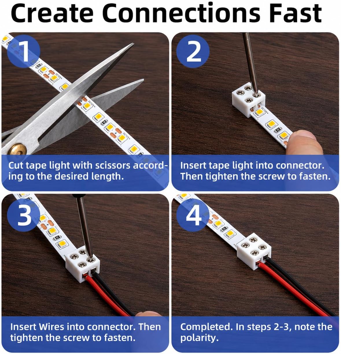 25 Pack 2 Pin 8mm LED Strip Connectors, Solderless Screw Terminal LED Light Strip Connectors with Adhesive Pads, Wire to Strip Connector for 5V 12V 24V