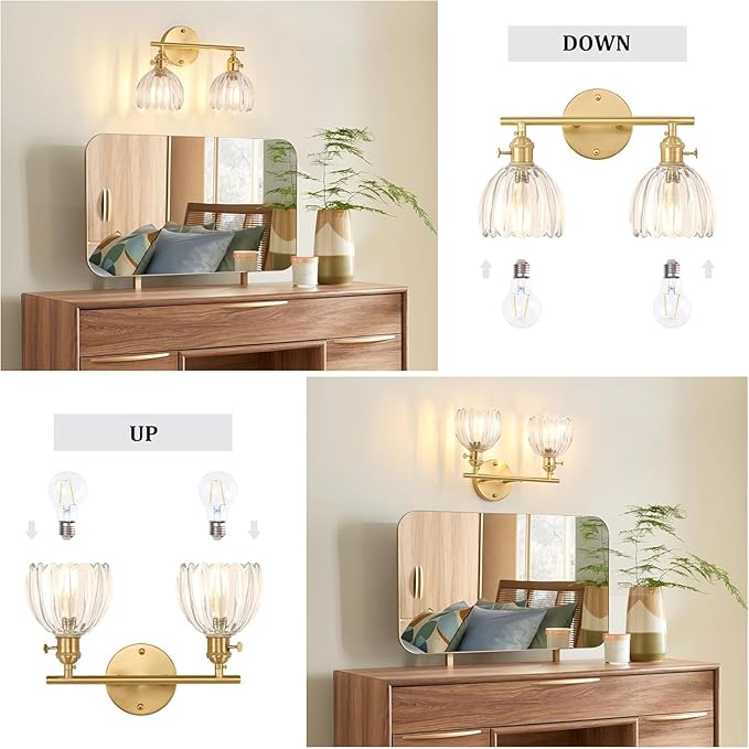 Shenmoyl Bathroom Light Fixtures, 2-Light Brass Vanity Wall Light Over Mirror - Image 6